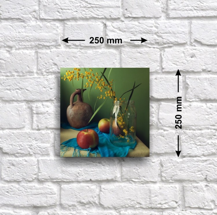 Постер «Натюрморт с веткой мимозы и яблоками», 25 см х 25 см